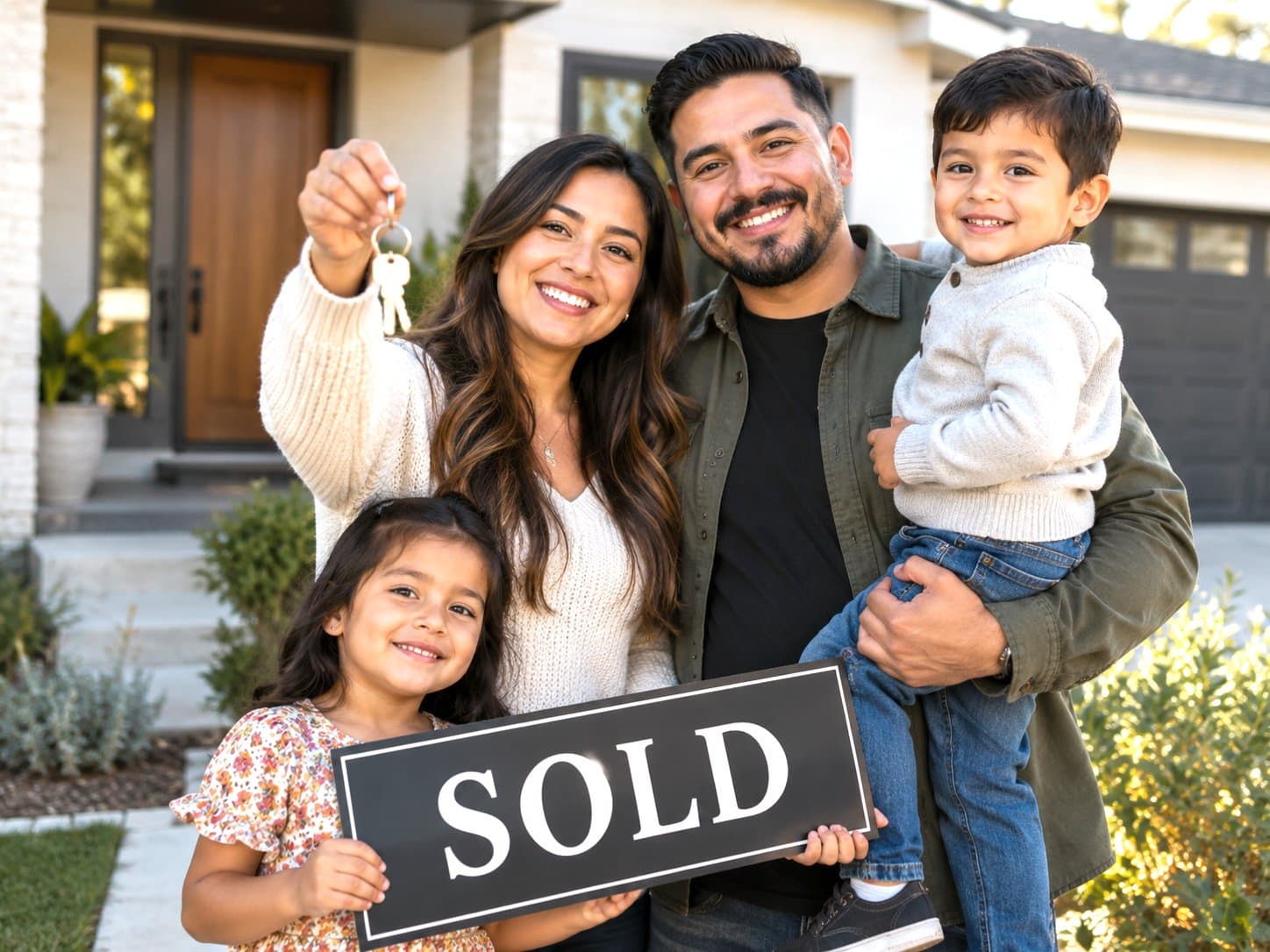 Familia sonriente frente a su casa nueva con las llaves y un letrero de vendido