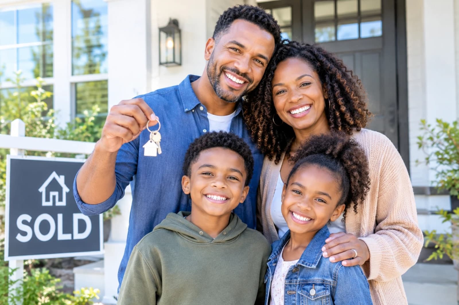 Family holding the keys in front of their new home with a sold sign