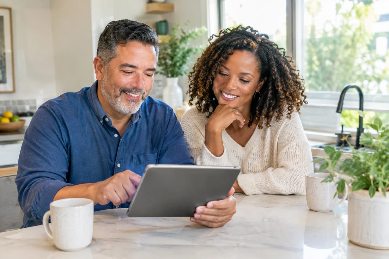 Couple at their kitchen table looking at a tablet together