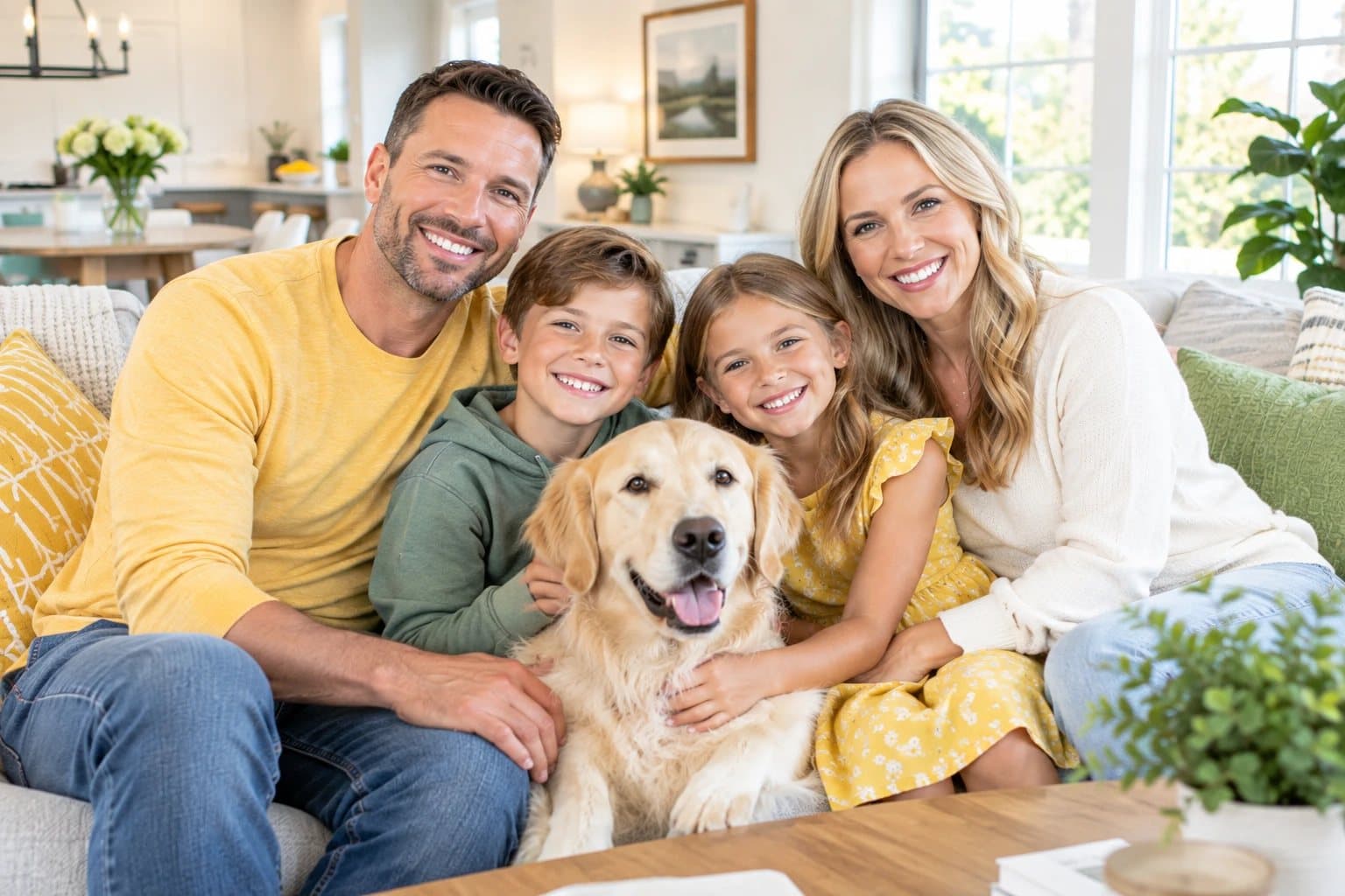 Familia sonriente con su golden retriever en el sofá de su sala iluminada