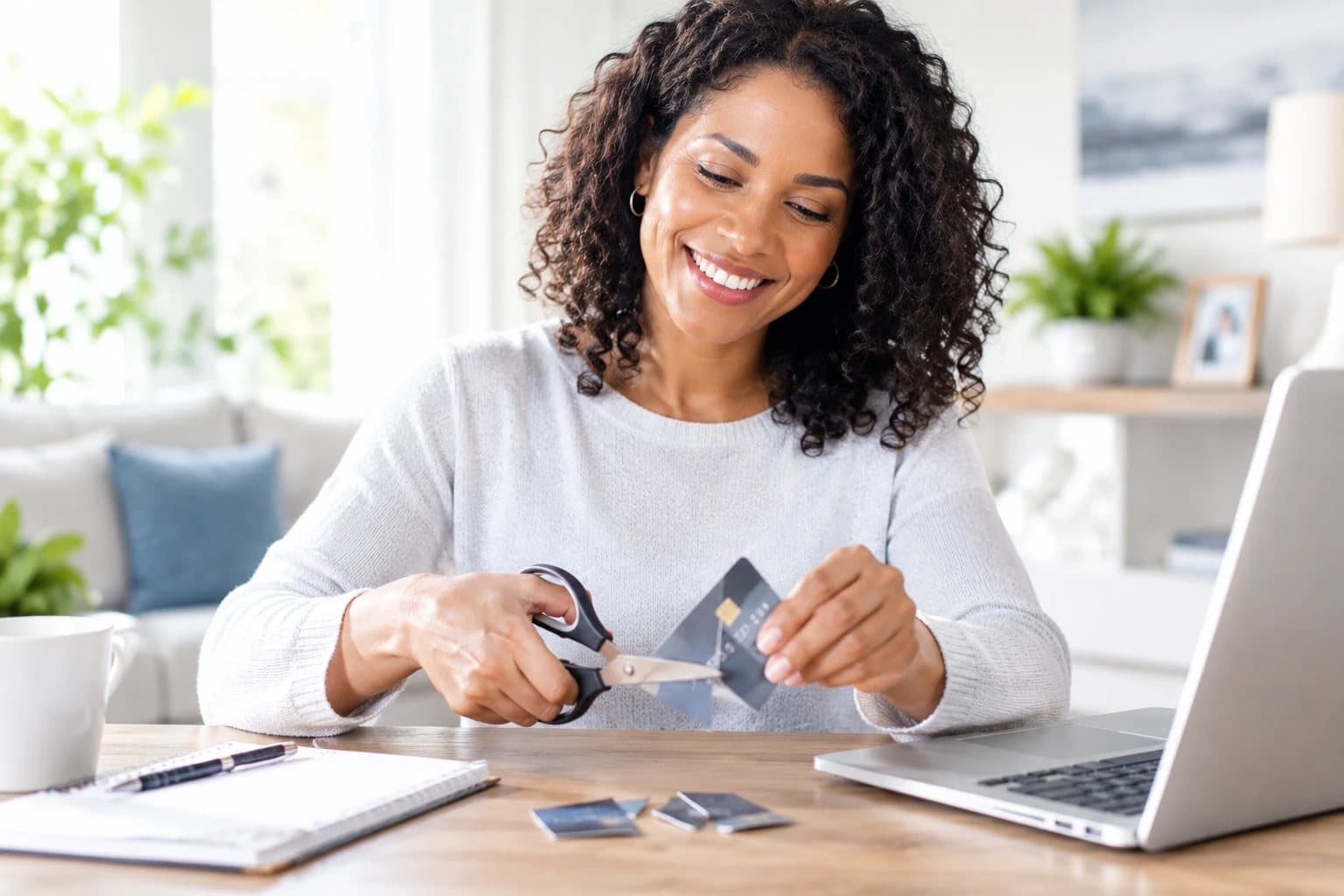 Woman smiling as she cuts up a credit card at her desk