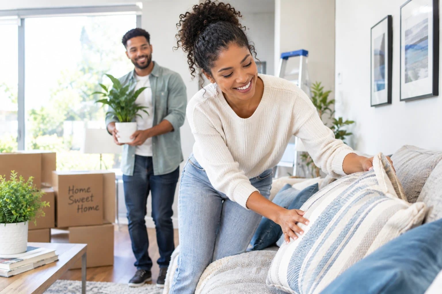 First-time buyers settling into their new living room among moving boxes