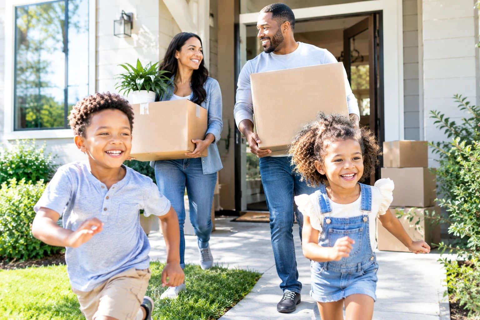 Family carrying moving boxes into their new home while the kids run ahead