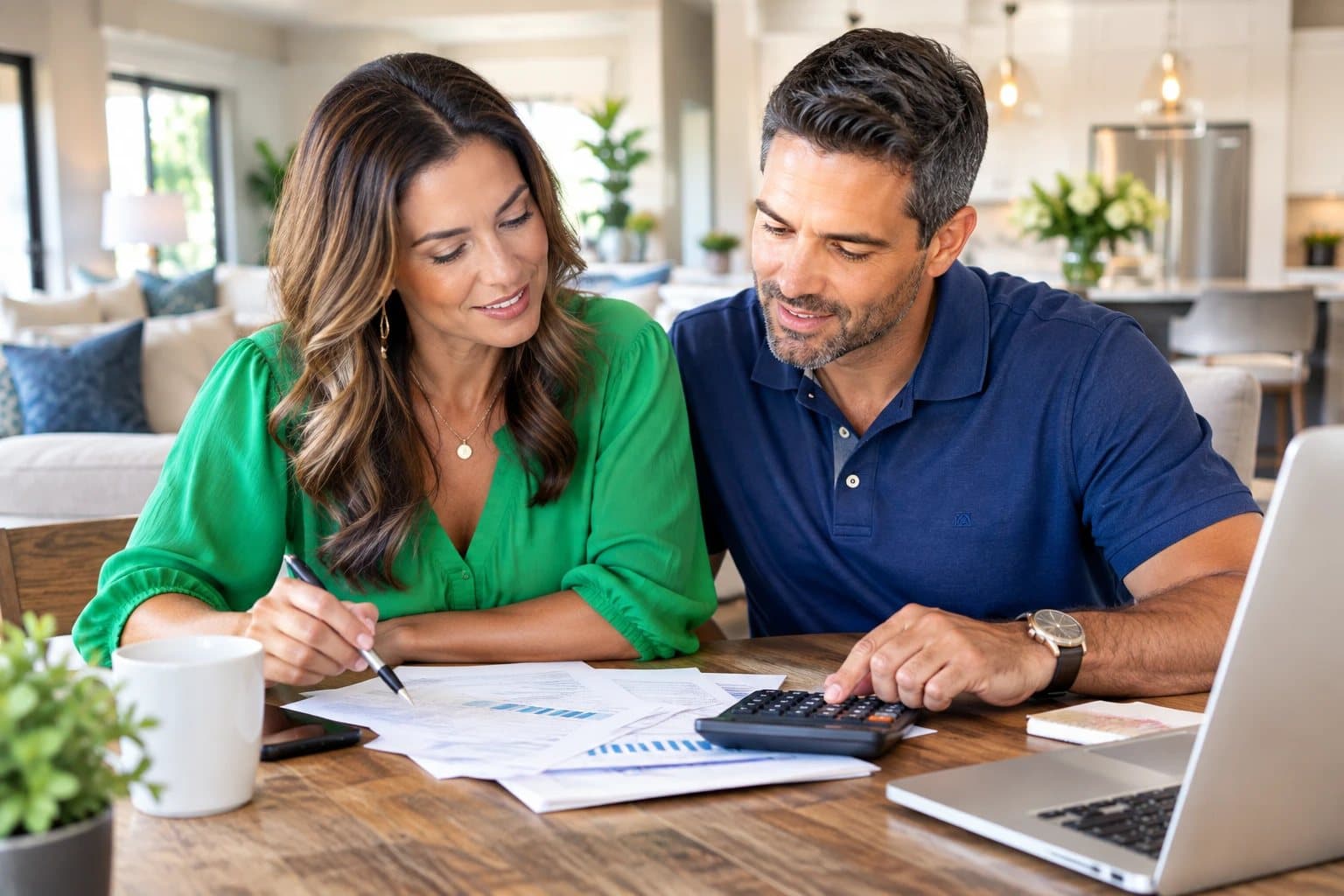 Pareja en la mesa del comedor revisando sus números con una calculadora