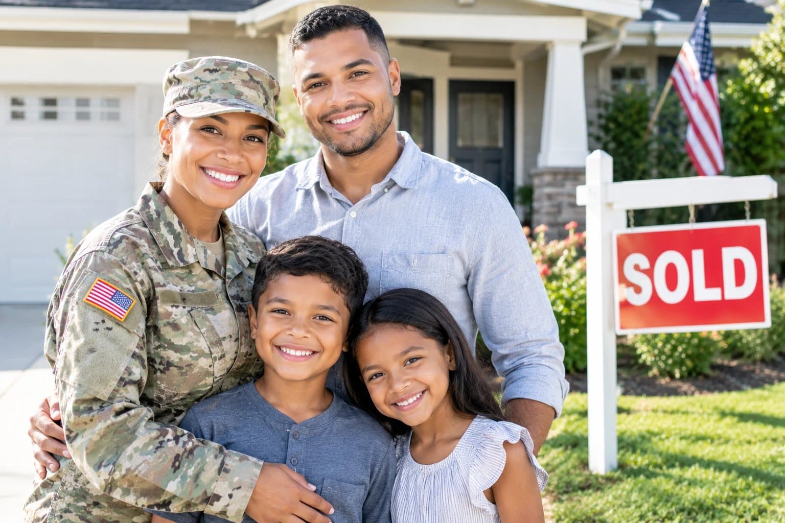 Una militar y su familia frente a su casa nueva con un letrero de vendido
