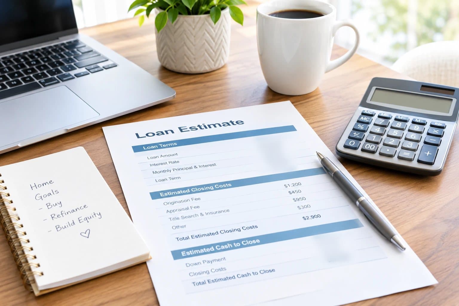 Desk with a Loan Estimate, calculator, and coffee