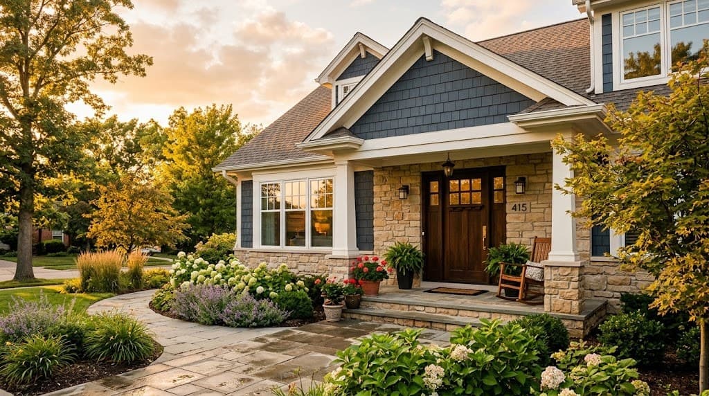 Craftsman-style home with a stone porch and garden in warm evening light