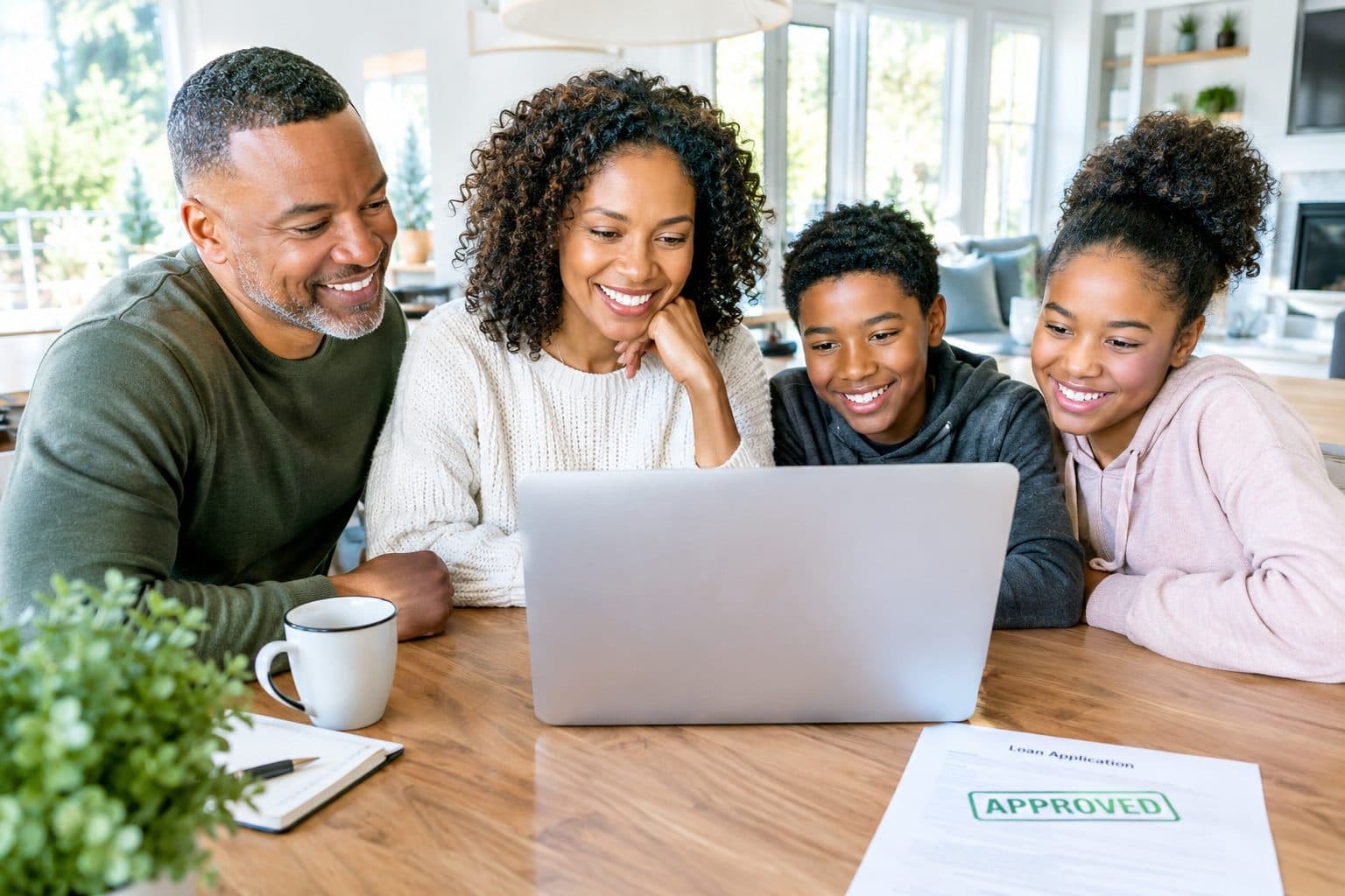 Family at the kitchen table smiling at a laptop together