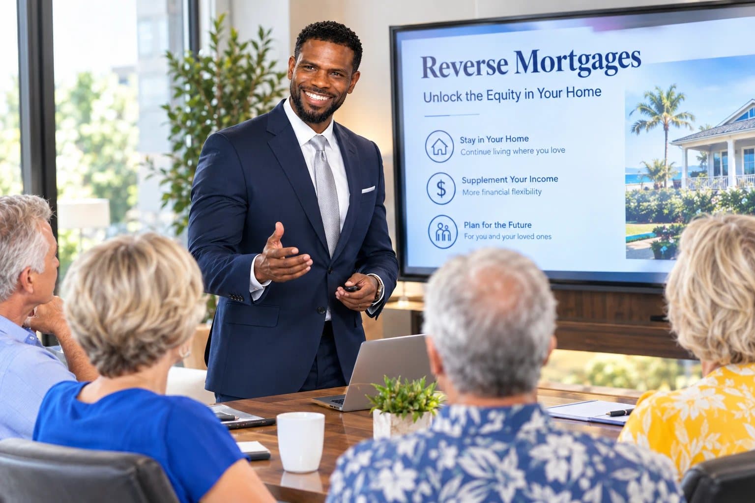 Ace Ausar presenting a reverse mortgage workshop to a small group of homeowners