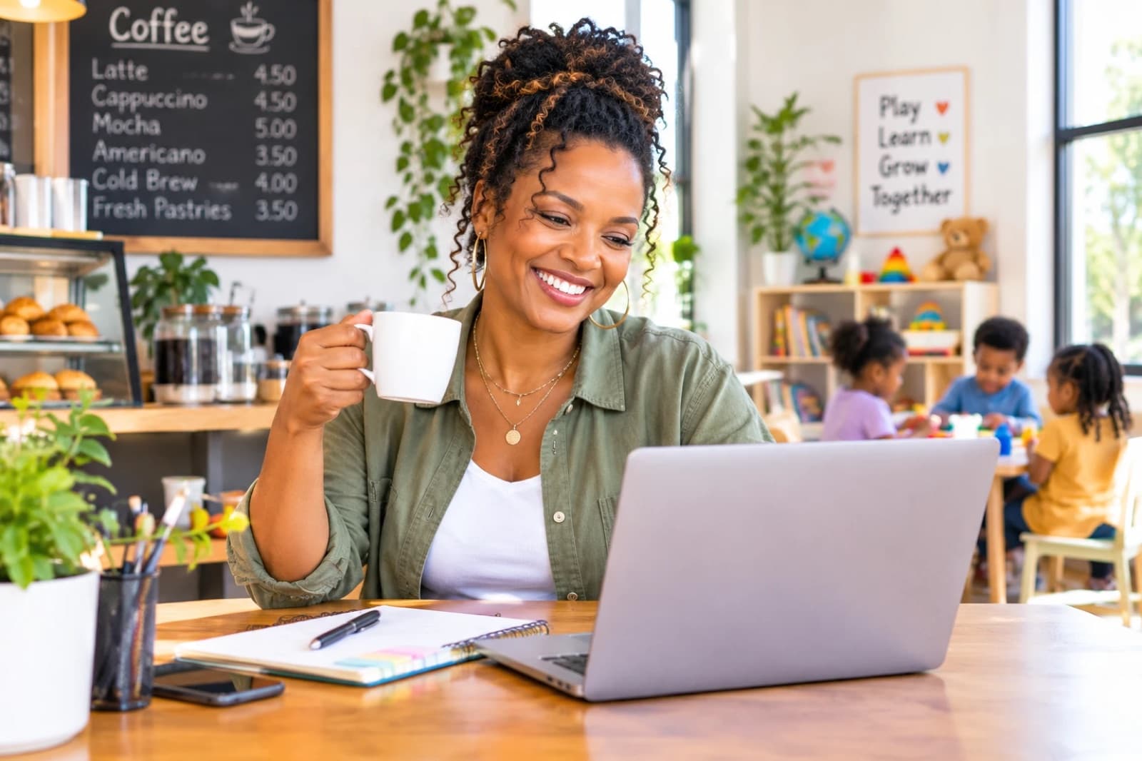 Small business owner smiling at her laptop in her cafe