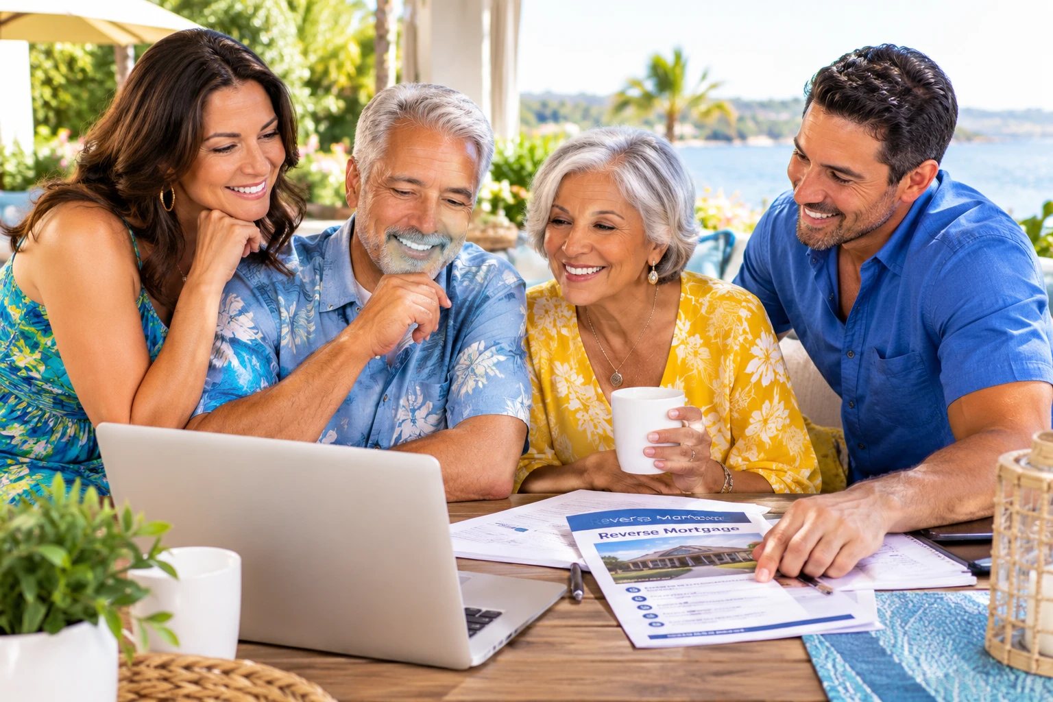 Retired couple and their adult children reviewing reverse mortgage information together